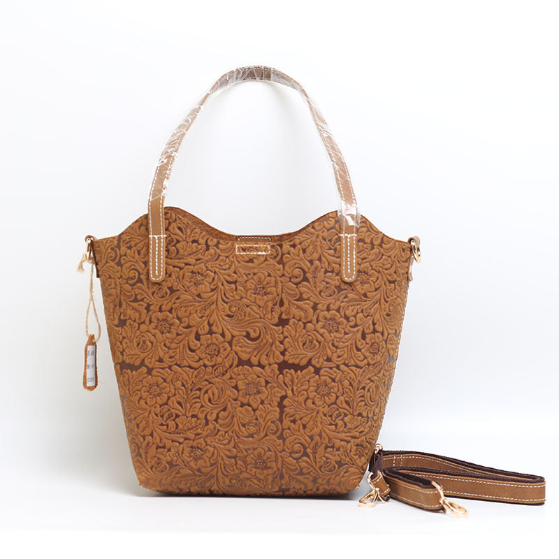 Cowhide Embossed Floral Leather Tote Bag
