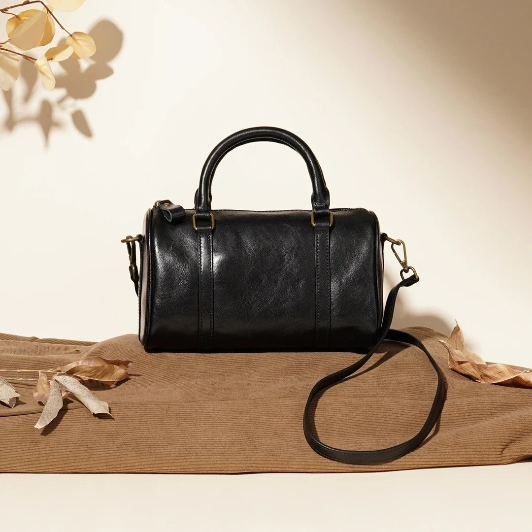 Vintage Leather Barrel Handbag Crossbody Shoulder Bag