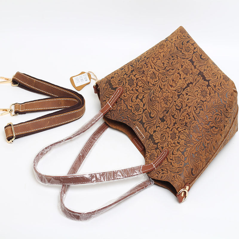 Cowhide Embossed Floral Leather Tote Bag