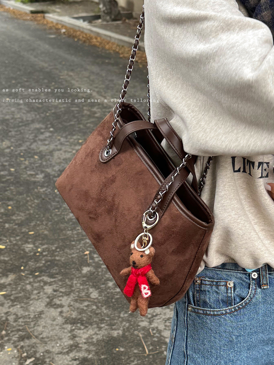 Women's Suede-Feel Chain Shoulder Tote Bag