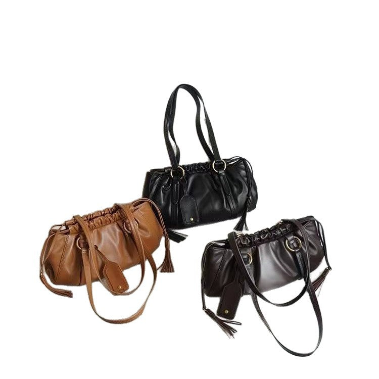 Premium Leather Ruched Drawstring Shoulder Bag
