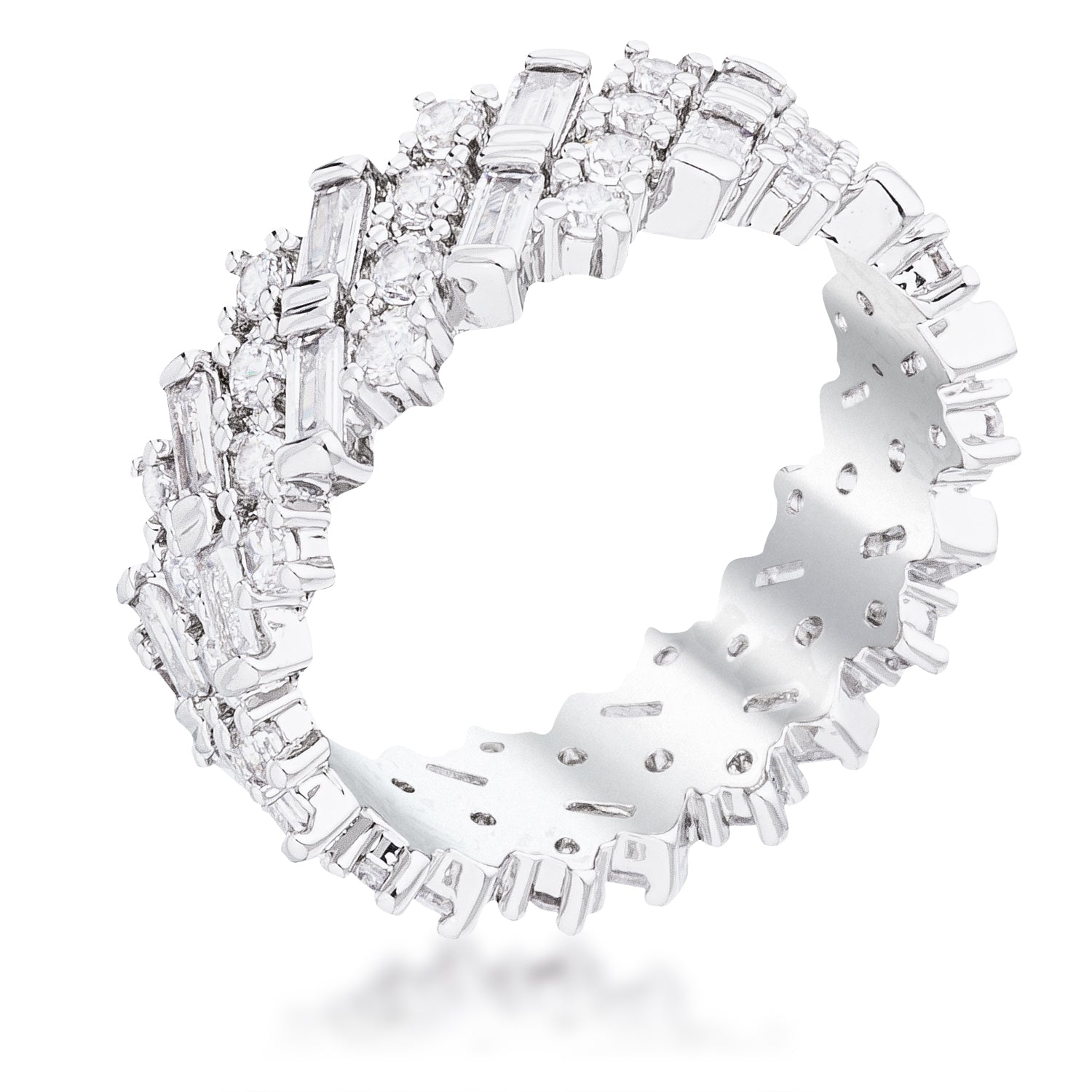 Rhodium Plated Clear CZ Alternating Baguette Round Eternity Band