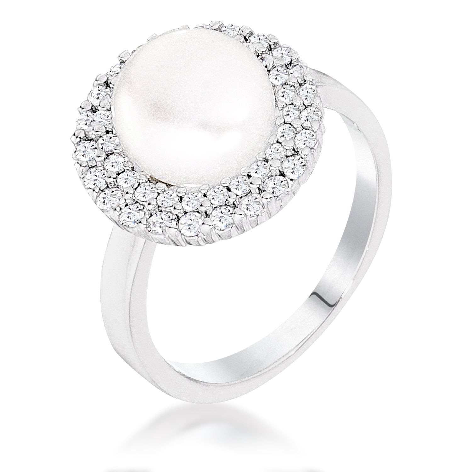 Rhodium Plated double Halo Ethereal Pearl Cocktail Ring