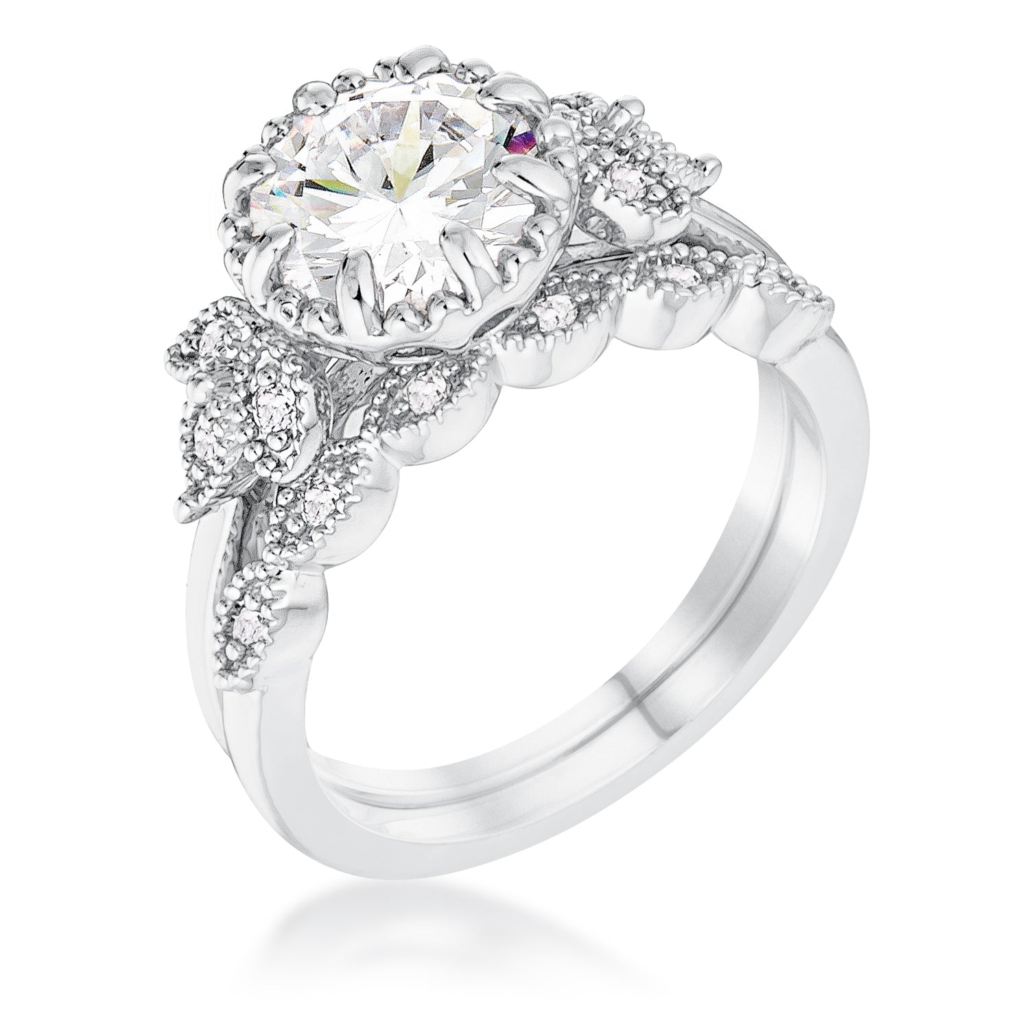 2.25Ct. Rhodium Plated Trio Laurel Leaf Engagement Set