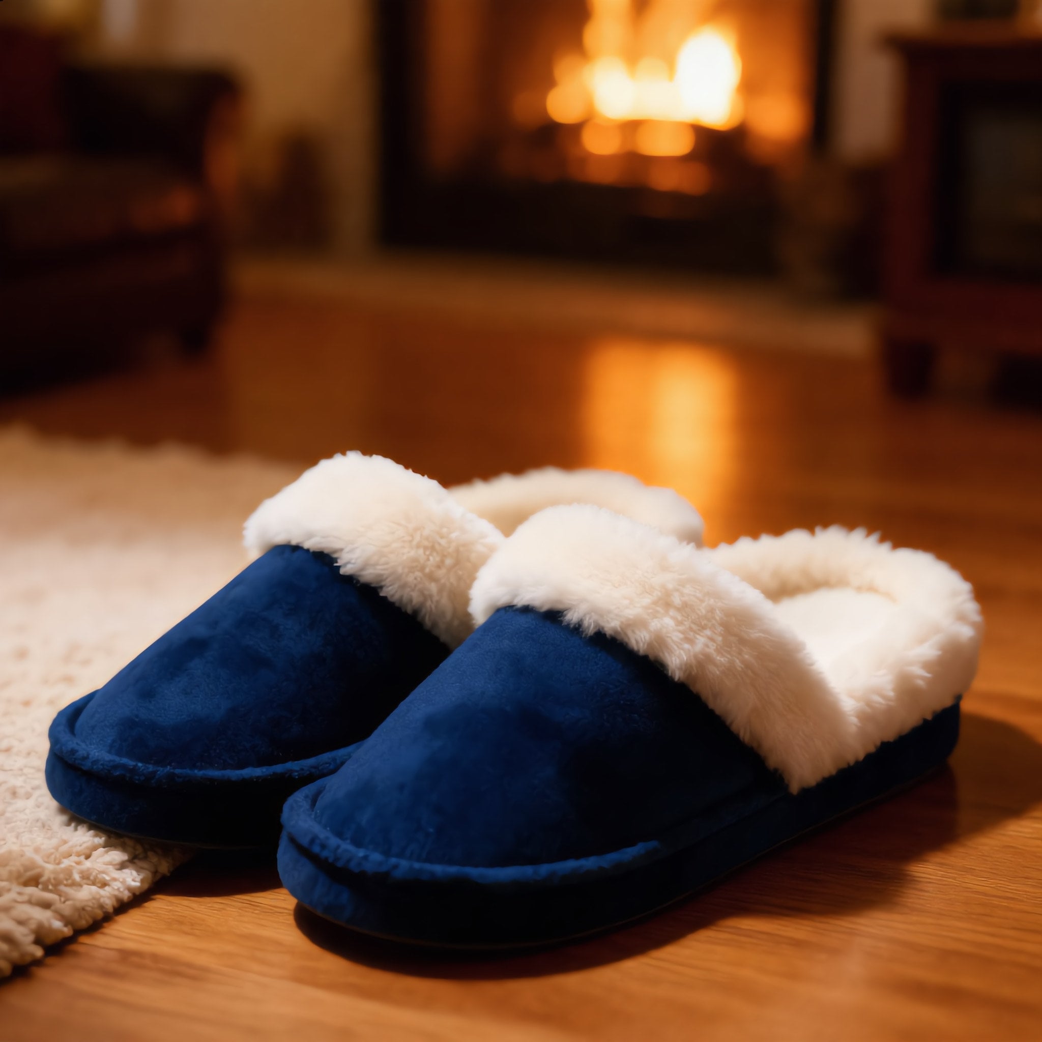 Navy Blue Plush Fur Slippers