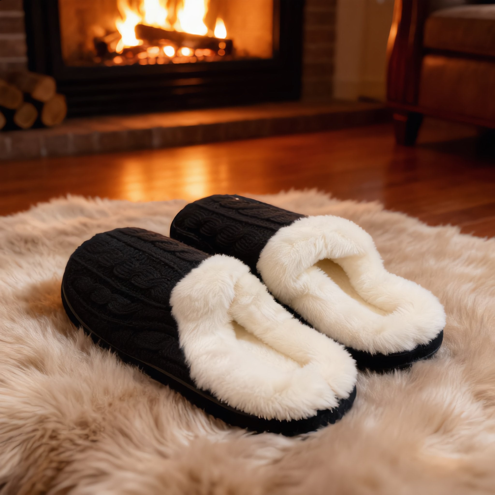 Black Cable Knit Faux Fur Slippers