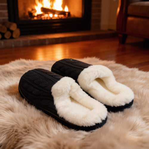 Black Cable Knit Faux Fur Slippers