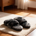Dark Grey Fuzzy Faux Fur Slippers.