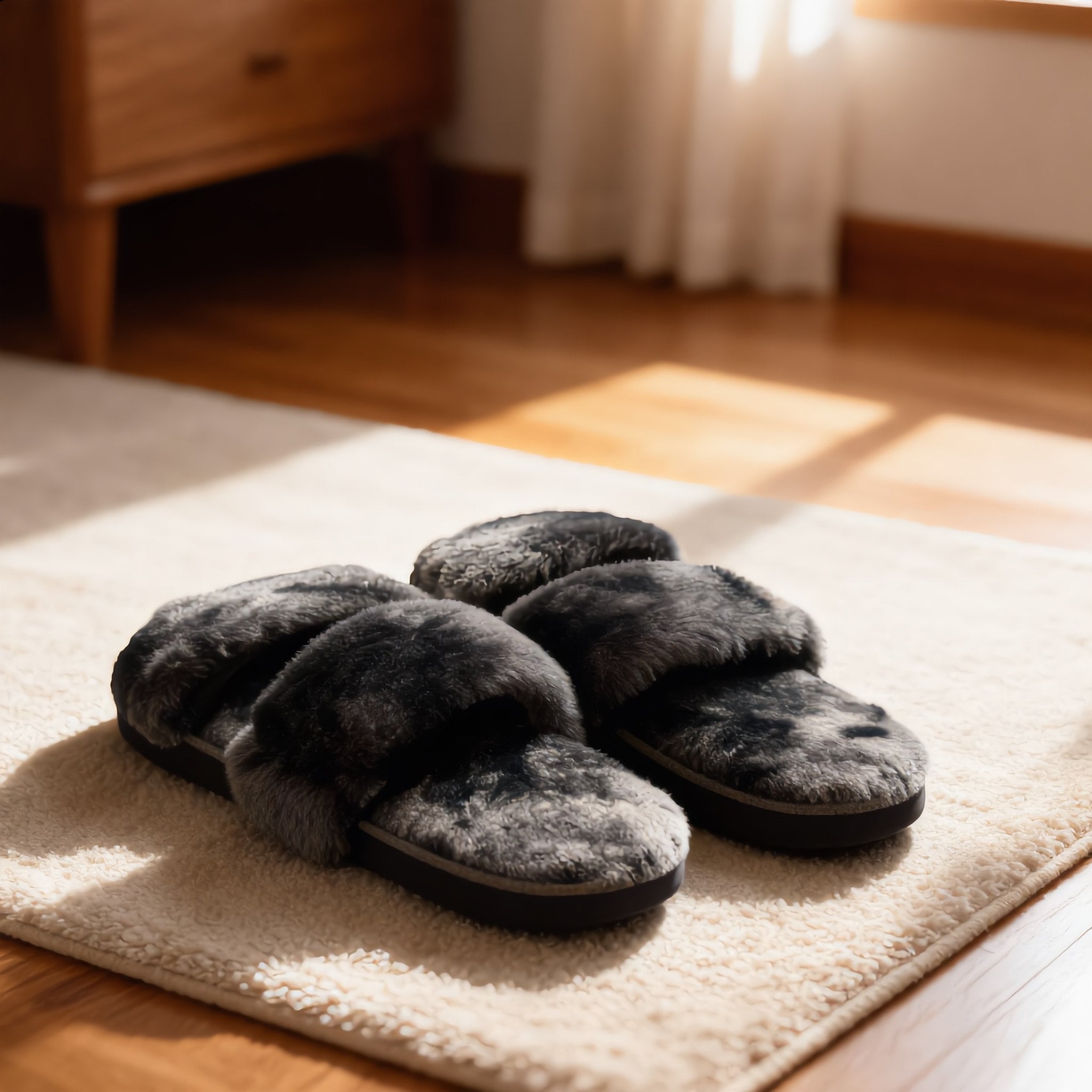 Dark Grey Fuzzy Faux Fur Slippers.