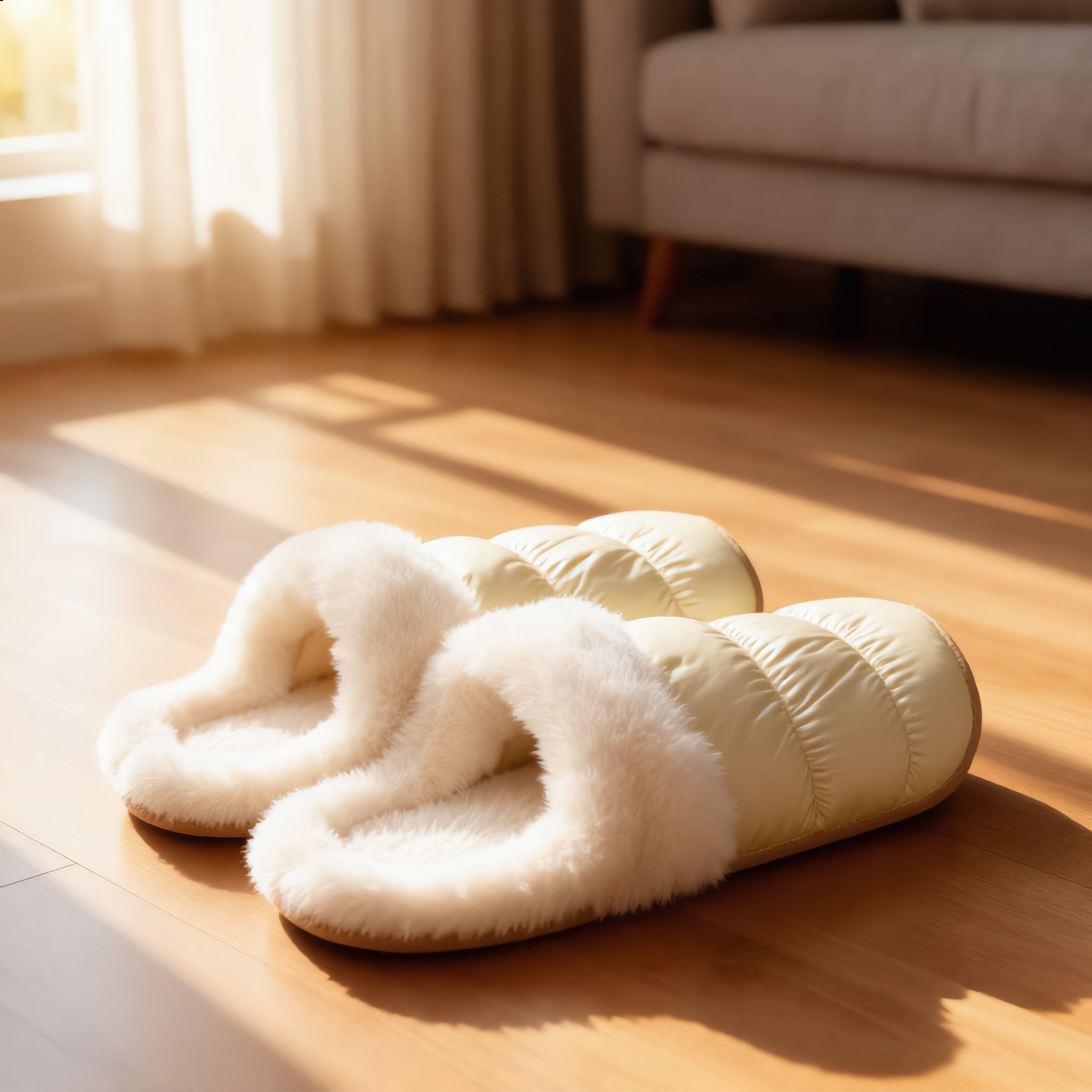 Light Yellow Puffy Faux Fur Slippers
