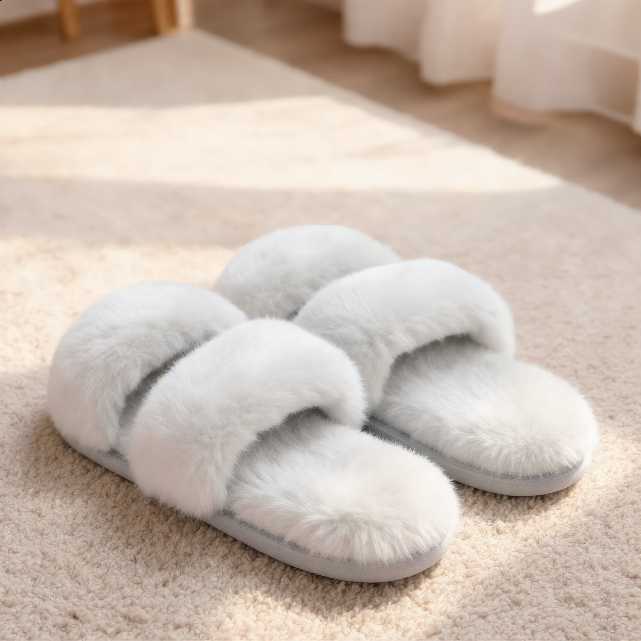 Cozy White Faux Fur Cross-Band Slippers