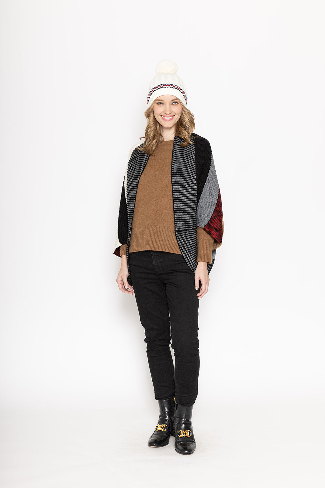 Stripe Rib Beanie With Faux Fur Pom