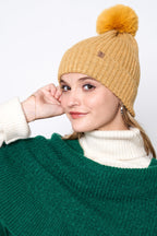 Ribbed Knit Beanie With Faux Fur Pom