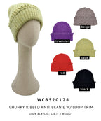 Chunky Ribbed Knit Beanie with Loop Trim