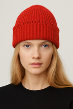 Chunky Ribbed Knit Beanie with Loop Trim