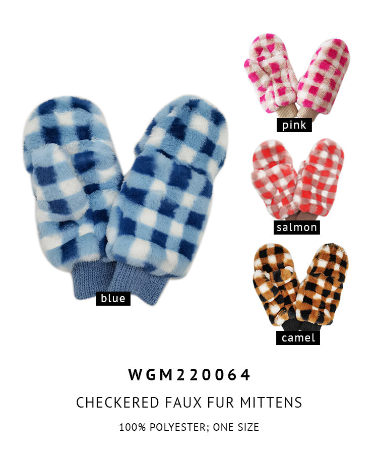 Checkered Faux Fur Mittens