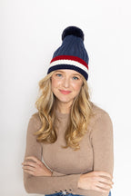 Stripe Rib Beanie With Faux Fur Pom