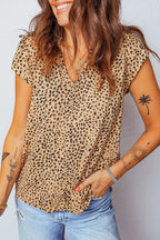 Cheeath Print Frilled V Neck Shirred Detail Short Sleeve Blouse