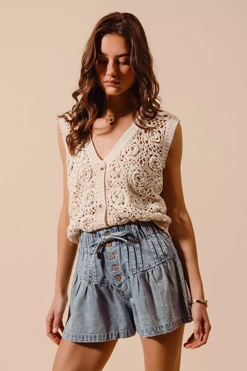 SO ME Flared Denim Shorts with Elasticized Waist