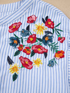 Stripe Floral Embroidered Billowy Sleeve Tunic Baggy Shirt