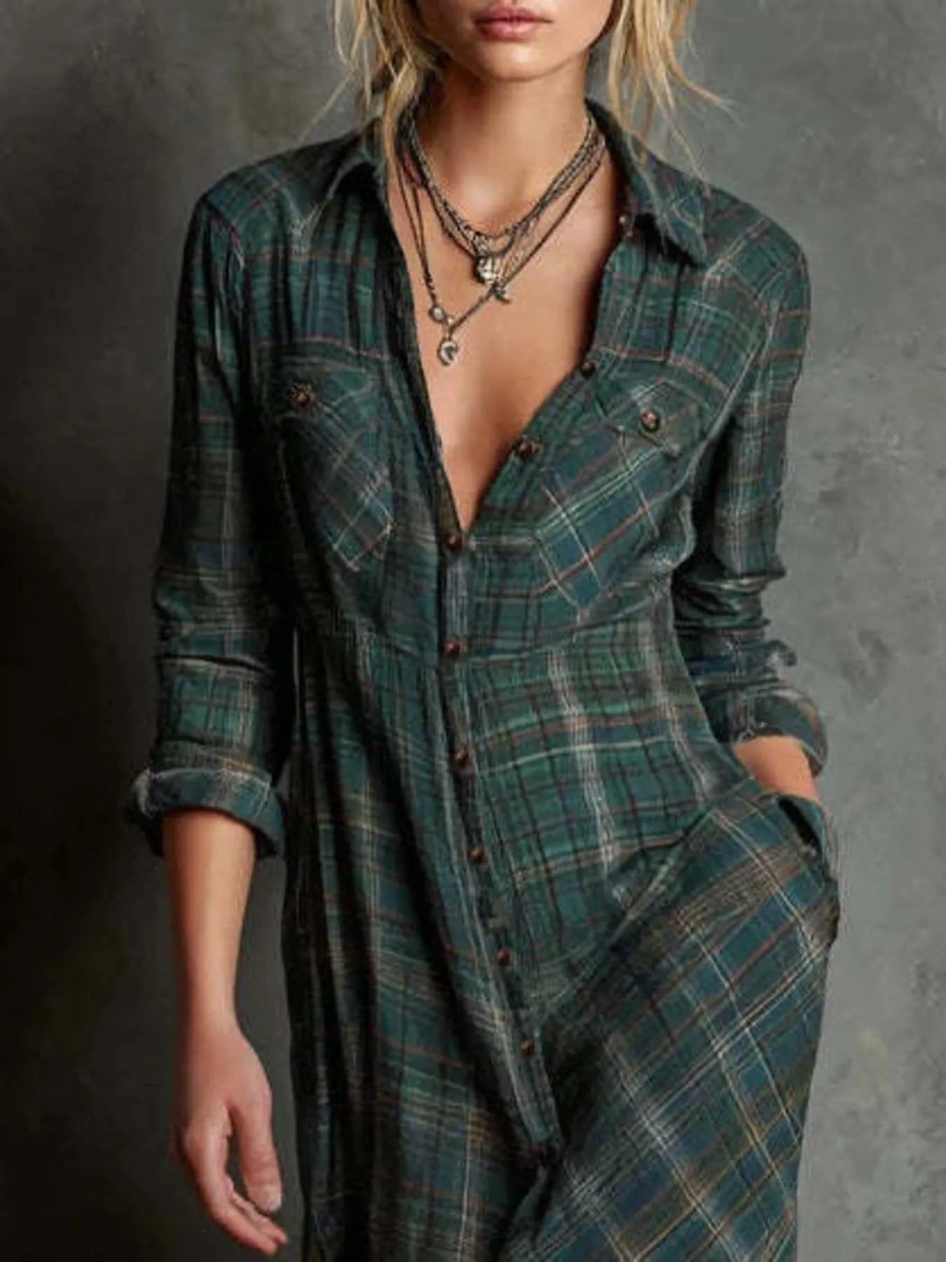 Plaid Long Sleeve Maxi Dress
