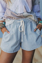 Striped Denim Shorts with Drawstring Waist