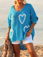 Heart V-Neck Dropped Shoulder Sweater