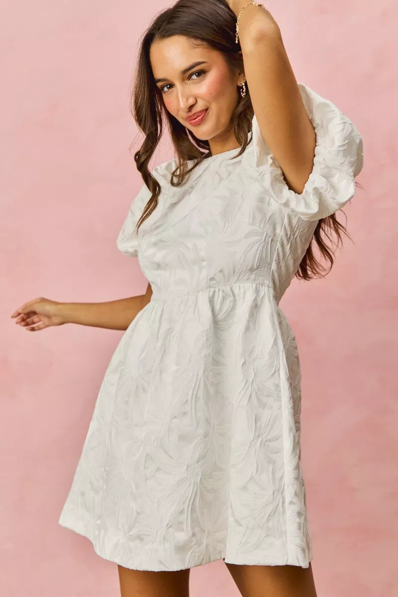 SO ME Floral Jacquard Bubble Shorts Sleeves Mini Dress