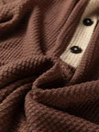 Waffle Contrast Half Buttoned Hooded Pullover Top