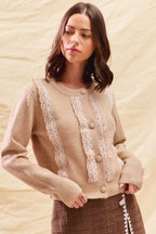 SO ME Front Lace Trim Button Cardigan Sweater