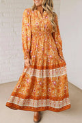Floral Print Smocked Waist Long Sleeve Boho Maxi Dress