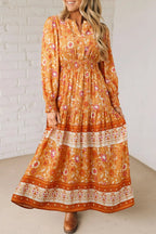 Floral Print Smocked Waist Long Sleeve Boho Maxi Dress