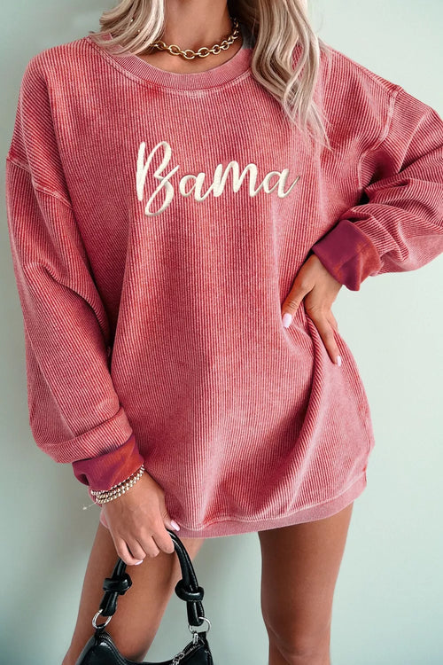 Corded Ribbed Bama Embroidered Letter Graphic Sweatshirt