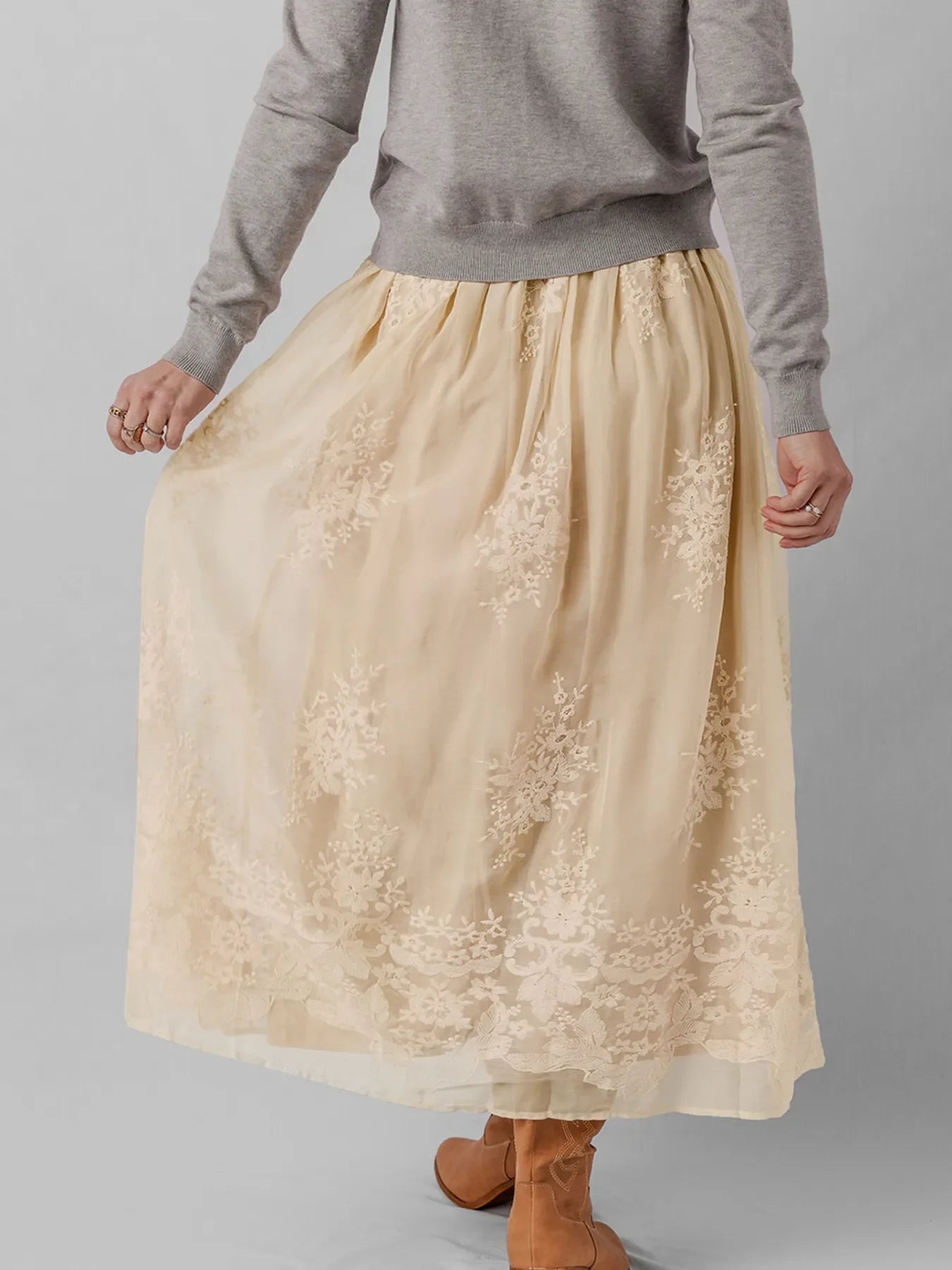 Embroidered Mesh Overlay Flowy Midi Skirt