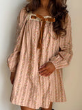 Floral Print Bow Lace Patchwork Long Sleeve Loose Mini Dress