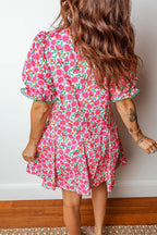 Floral Print V Neck Patchwork Short Bubble Sleeve Mini Dress