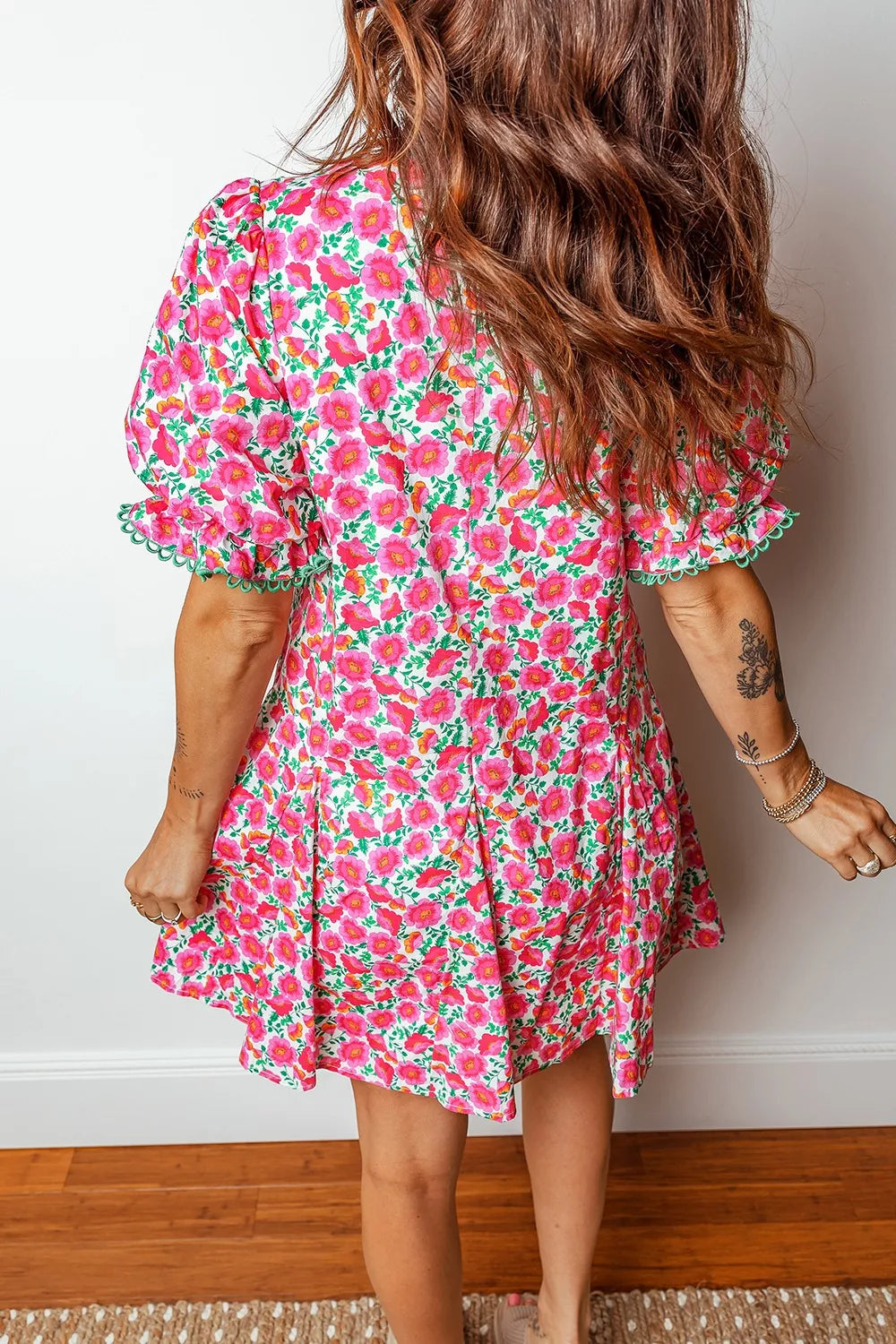 Floral Print V Neck Patchwork Short Bubble Sleeve Mini Dress
