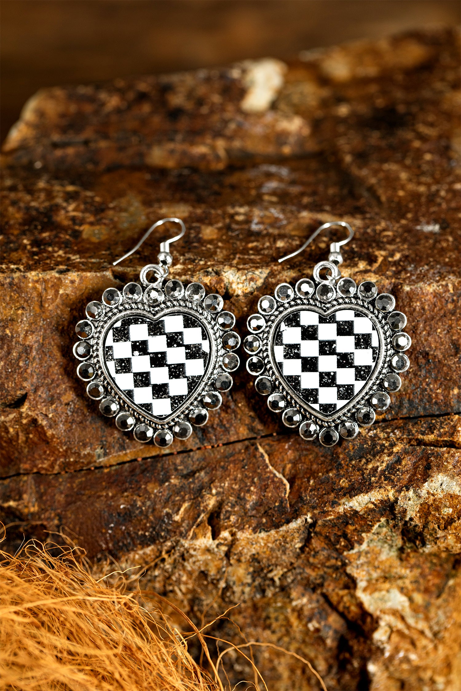 Black Crystal Checkered Heart Studded Trim Vintage Earrings