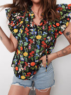Tiered Flutter Sleeve V Neck Flower Blouse