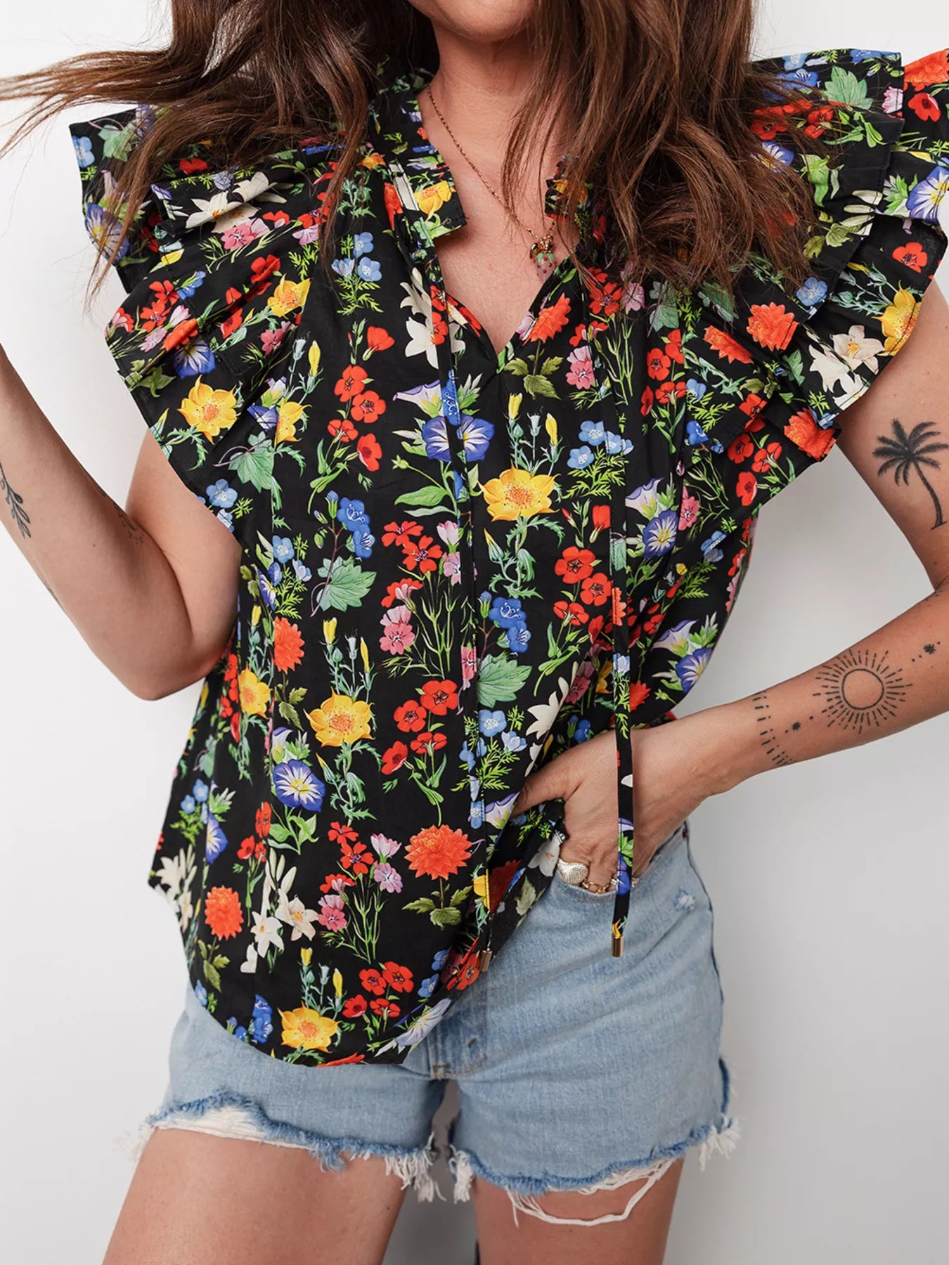 Tiered Flutter Sleeve V Neck Flower Blouse