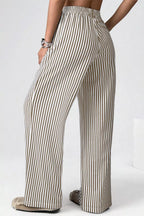 Stripe Elastic High Waist Pocketed Loose Pants