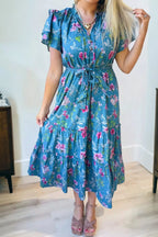Floral Flutter Sleeve Button Tie Split Neck Belted Dress
