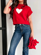 Heart Ribbed Hem Short Sleeve Sweater