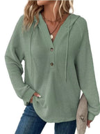 Full Size Button Detail Waffle Knit Hoodie Plus Size