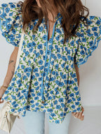 Tiered Flutter Sleeve Pleated Flower Blouse
