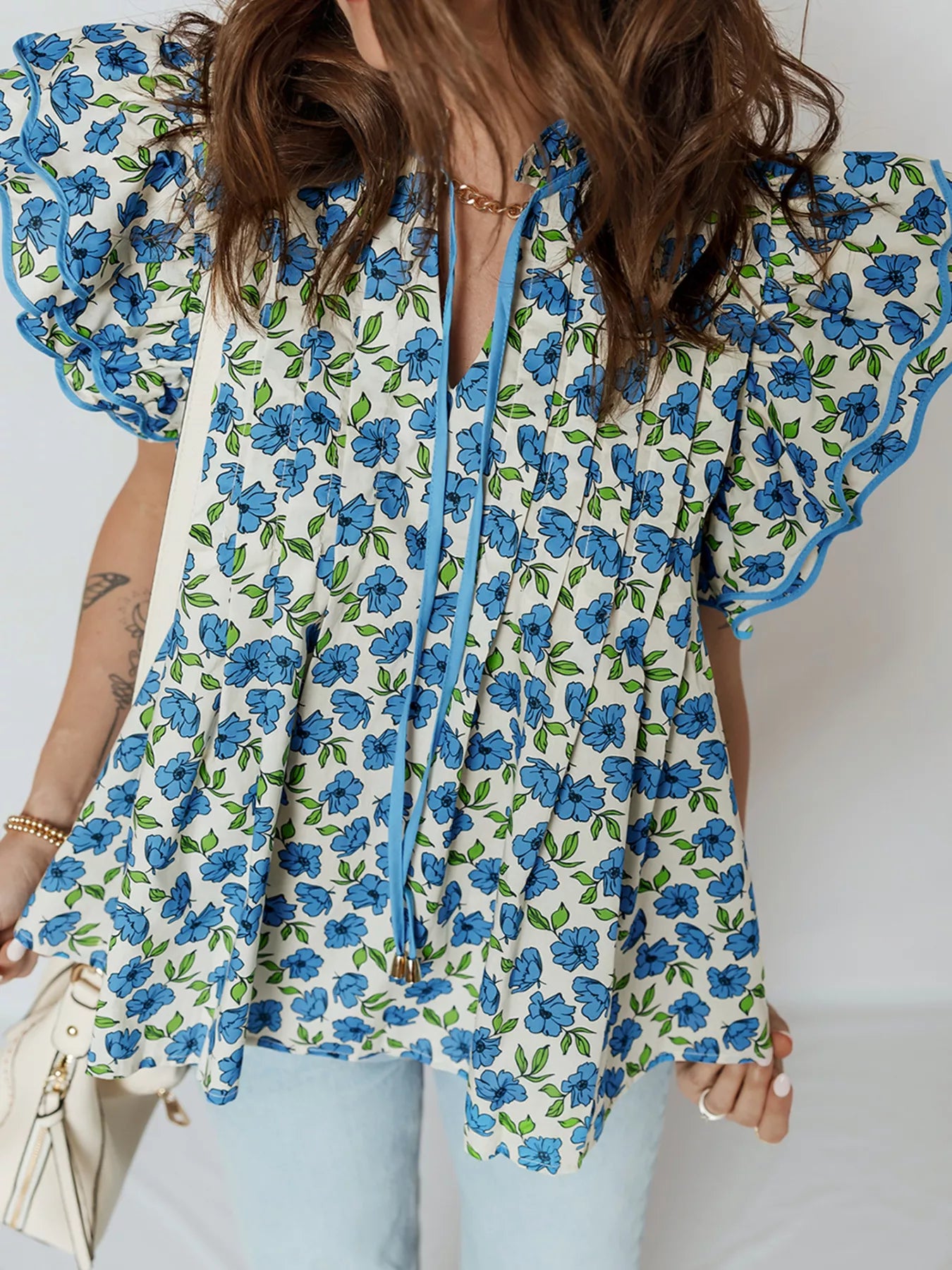 Tiered Flutter Sleeve Pleated Flower Blouse