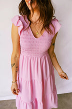Smocked Bodice Flutter Sleeve Fit Flare Tiered Midi Dress