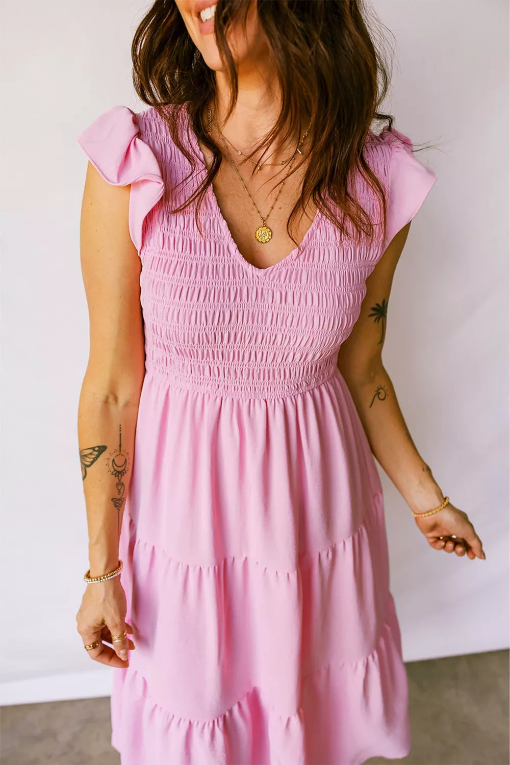 Smocked Bodice Flutter Sleeve Fit Flare Tiered Midi Dress