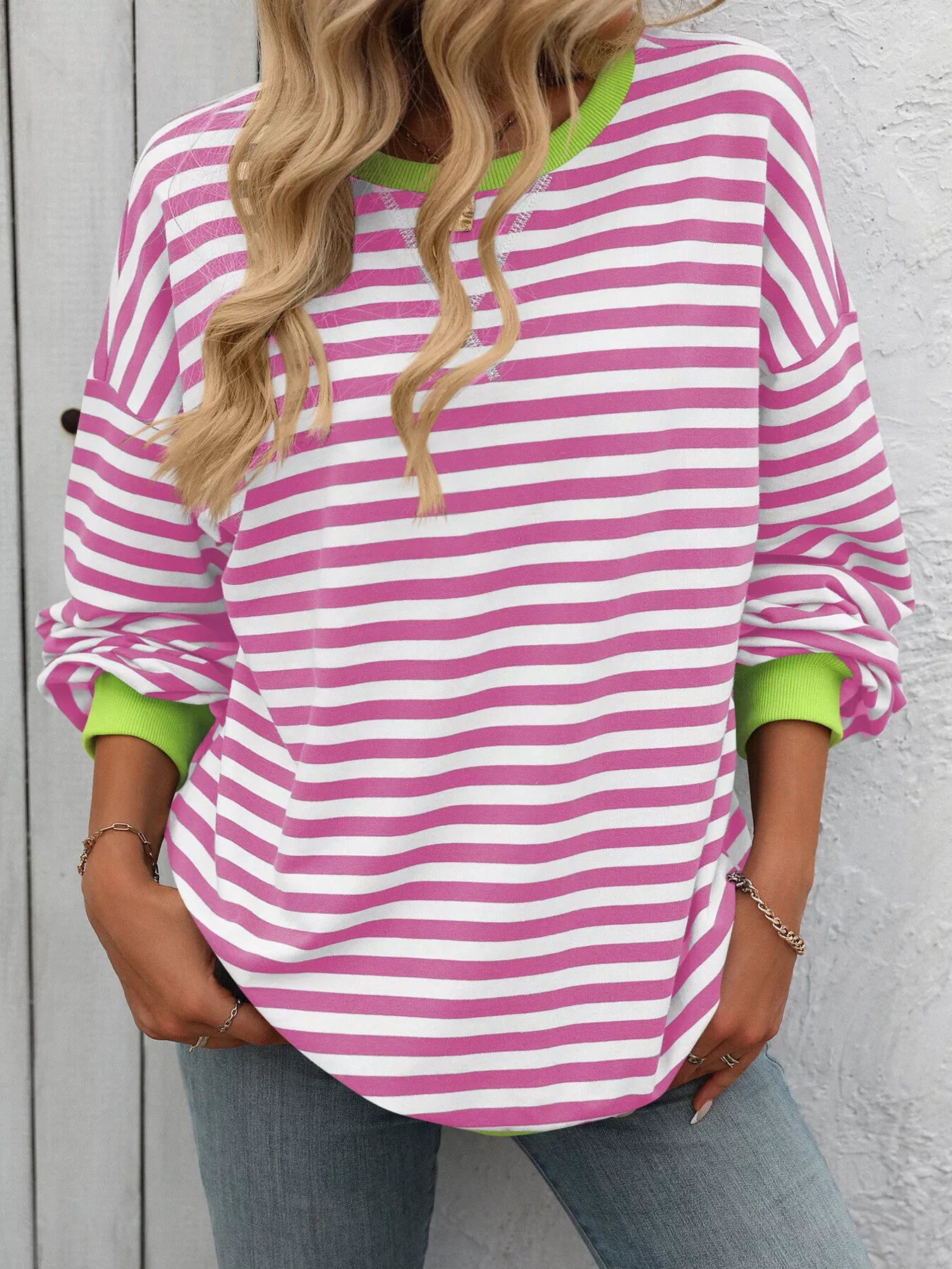 Striped Round Neck Dropped Shoulder Sweatshirt