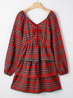 Plaid Print Ricrac Tiered Bubble Sleeve Mini Dress
